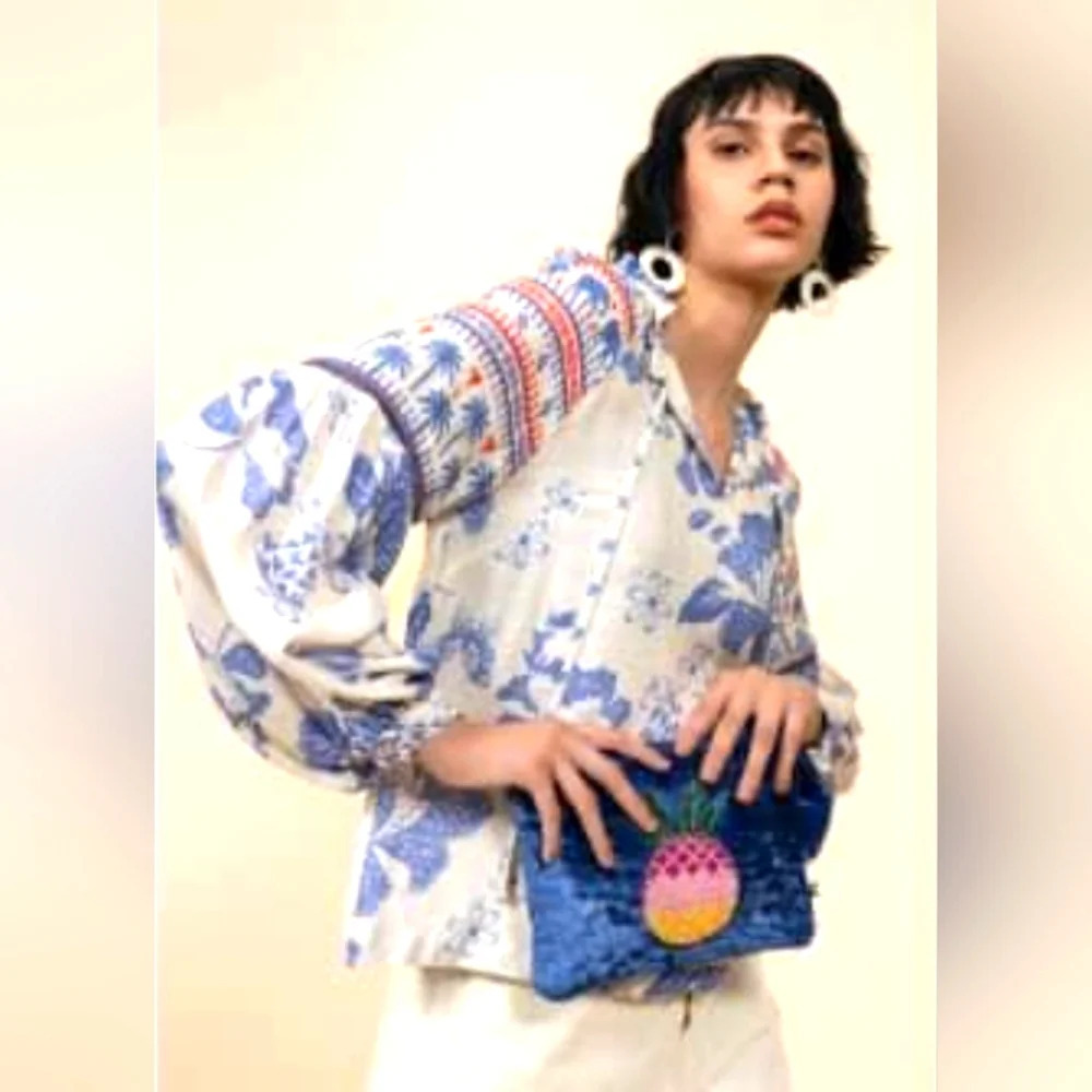 Emily Lovelock NWT Boho Printed Bishop Sleeve Blouse - size SMALL